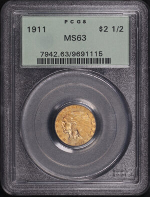 Obverse of this 1911 Indian $2.5 PCGS MS-63 Old Green Holder