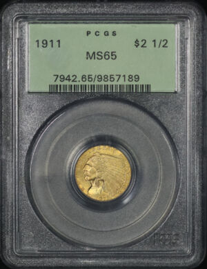 Obverse of this 1911 Indian $2.5 PCGS MS-65 Old Green Holder