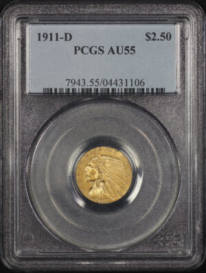 Obverse of this 1911-D Indian $2.5 Strong D PCGS AU-55