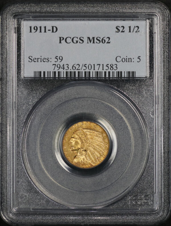 Obverse of this 1911-D Indian $2.5 Strong D PCGS MS-62