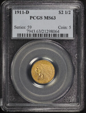 Obverse of this 1911-D Indian $2.5 Strong D PCGS MS-63