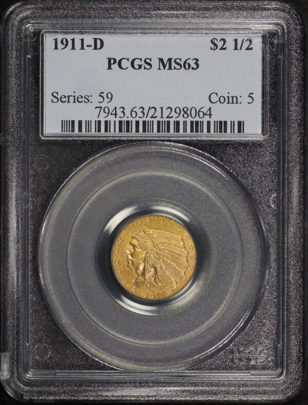 Obverse of this 1911-D Indian $2.5 Strong D PCGS MS-63