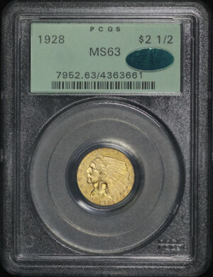 Obverse of this 1928 Indian $2.5 PCGS MS-63 CAC Old Green Holder