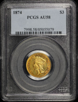 Obverse of this 1874 Three Dollar PCGS AU-58