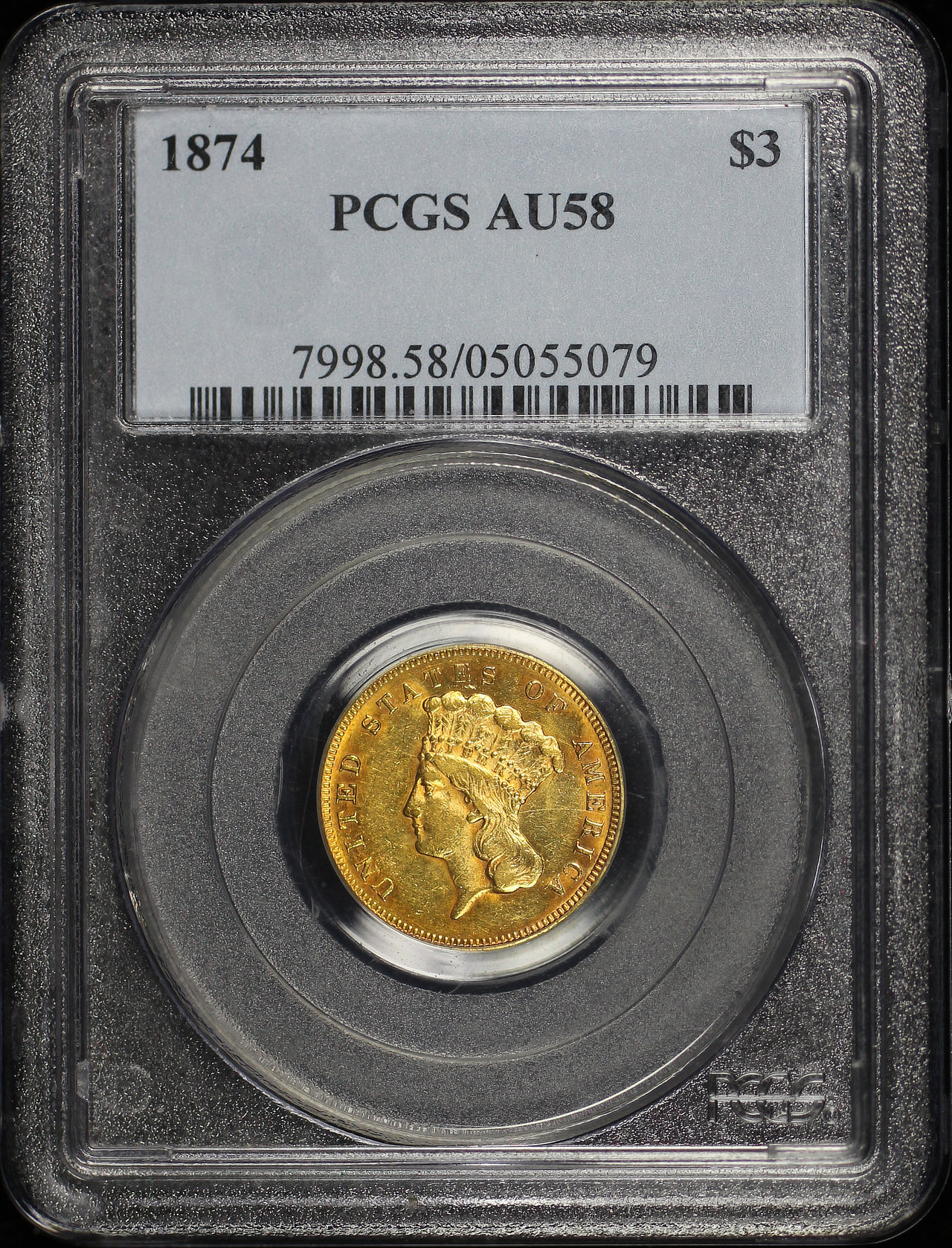 Obverse of this 1874 Three Dollar PCGS AU-58