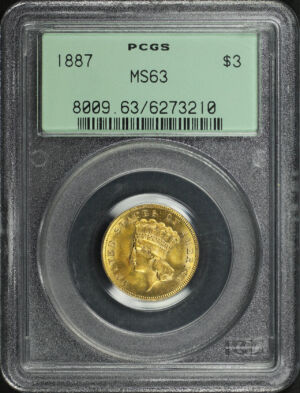 Obverse of this 1887 Three Dollar PCGS MS-63 CAC Old Green Holder