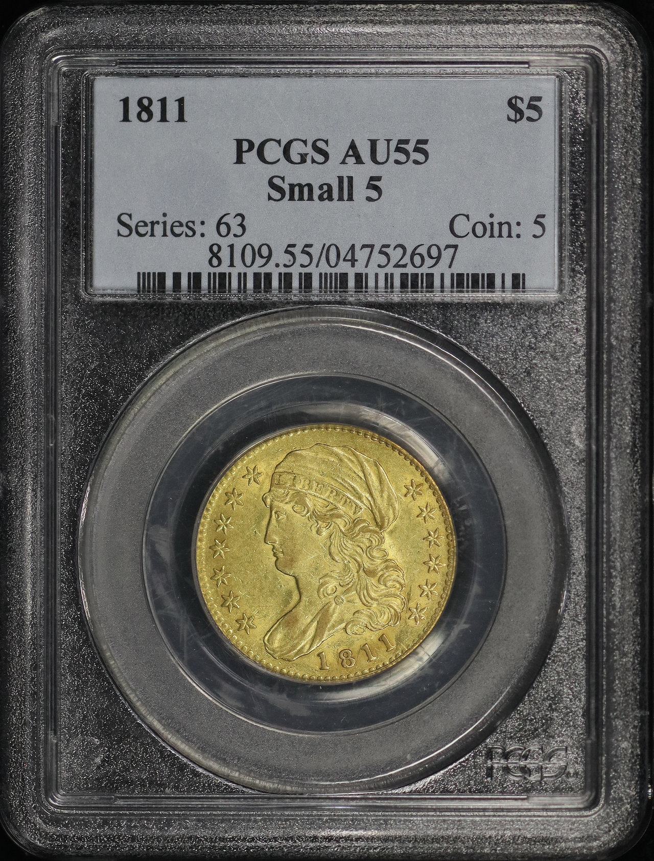 Obverse of this 1811 Capped Bust $5 Small 5 PCGS AU-55
