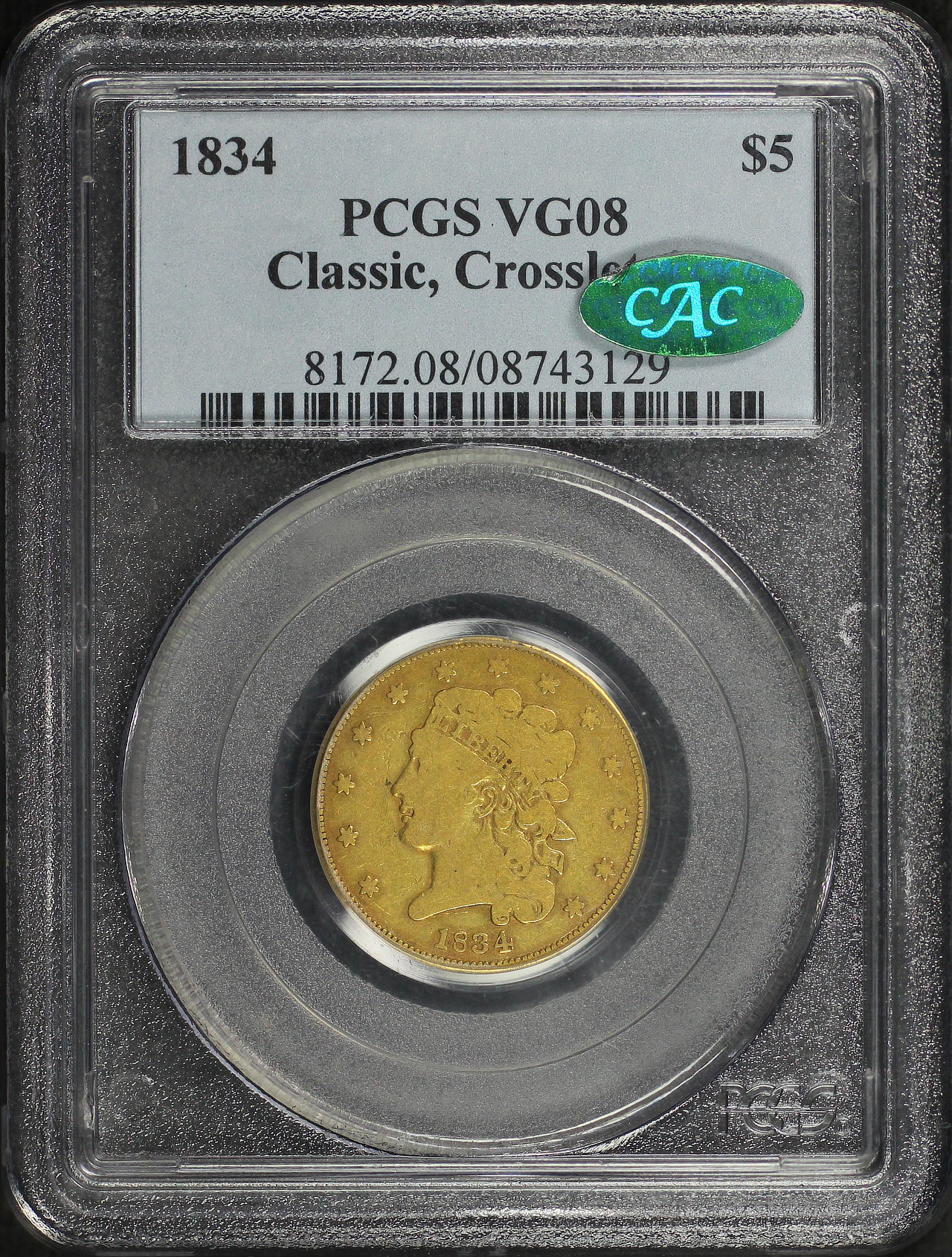 Obverse of this 1834 Classic Head $5 Classic Head, Crosslet 4 PCGS VG-08 CAC