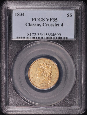 Obverse of this 1834 Classic Head $5 Crosslet 4 PCGS VF-35