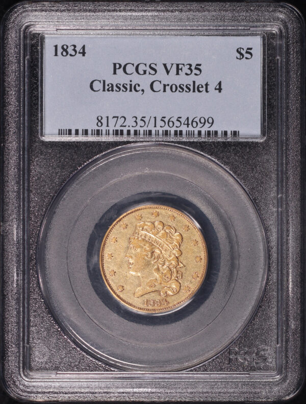 Obverse of this 1834 Classic Head $5 Crosslet 4 PCGS VF-35