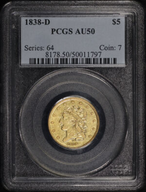 Obverse of this 1838-D Classic Head $5 PCGS AU-50