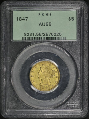 Obverse of this 1847 Liberty Head $5 PCGS AU-55 Old Green Holder