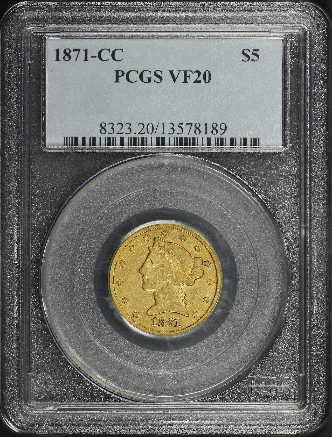 Obverse of this 1871-CC Liberty Head $5 PCGS VF-20