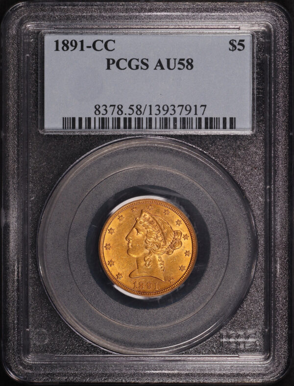 Obverse of this 1891-CC Liberty Head $5 PCGS AU-58