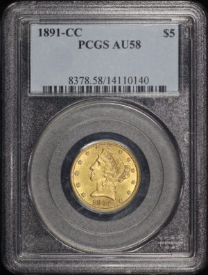 Obverse of this 1891-CC Liberty Head $5 PCGS AU-58
