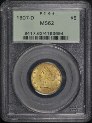 Obverse of this 1907-D Liberty Head $5 PCGS MS-62 Old Green Holder
