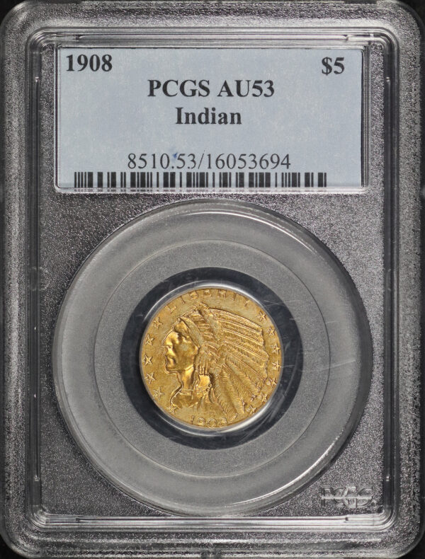 Obverse of this 1908 Indian $5 PCGS AU-53