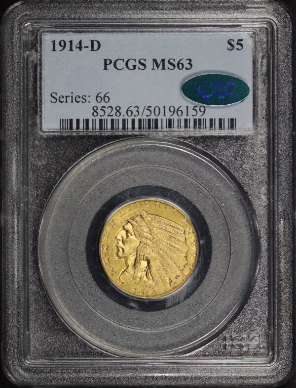 Obverse of this 1914-D Indian $5 PCGS MS-63 CAC