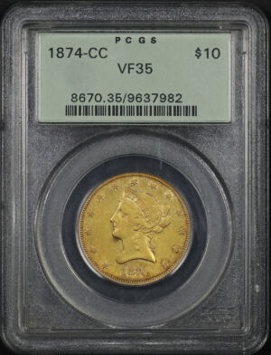 Obverse of this 1874-CC Liberty Head $10 PCGS VF-35 Old Green Holder