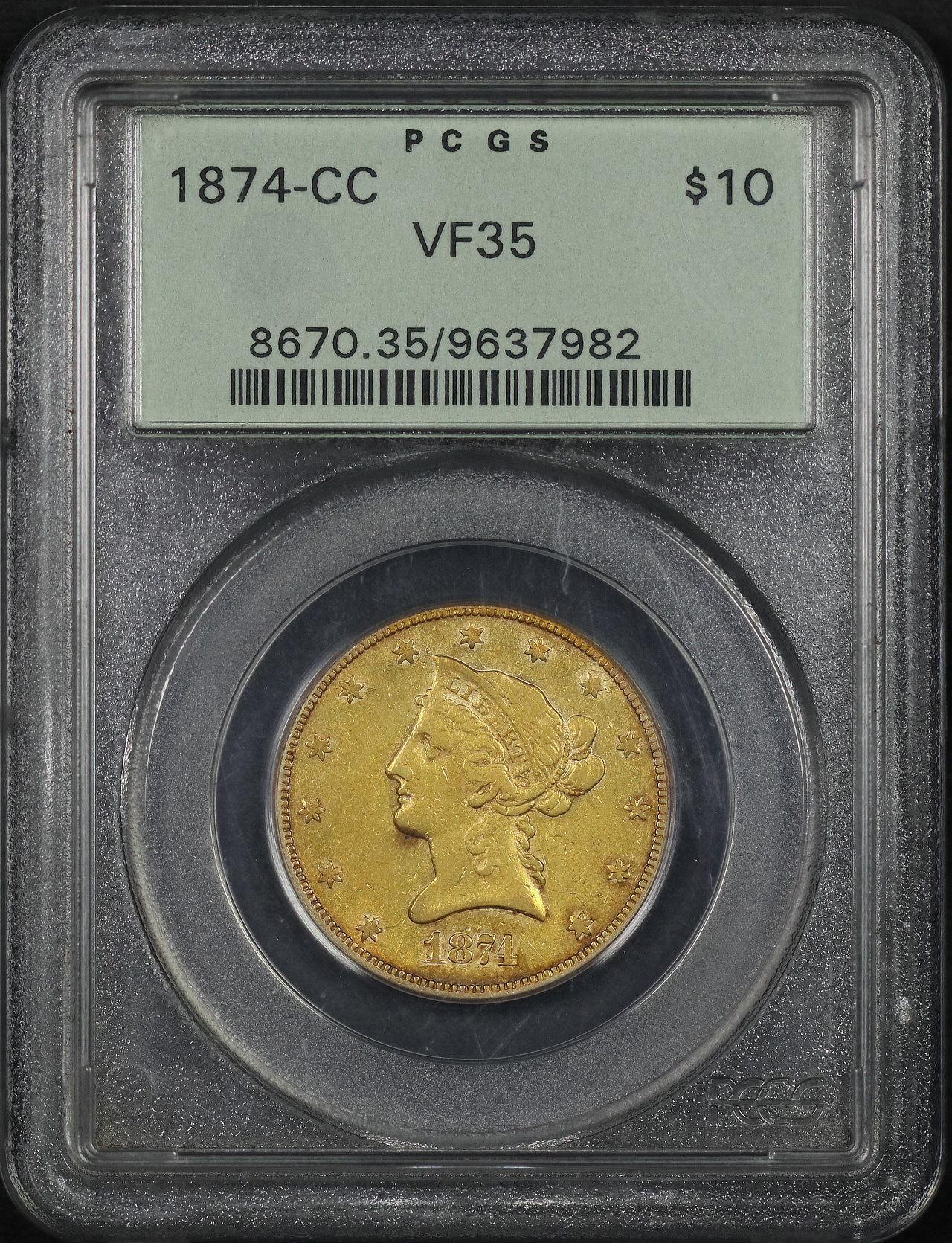 Obverse of this 1874-CC Liberty Head $10 PCGS VF-35 Old Green Holder