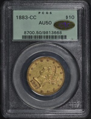 Obverse of this 1883-CC Liberty Head $10 PCGS AU-50 Gold CAC Old Green Holder