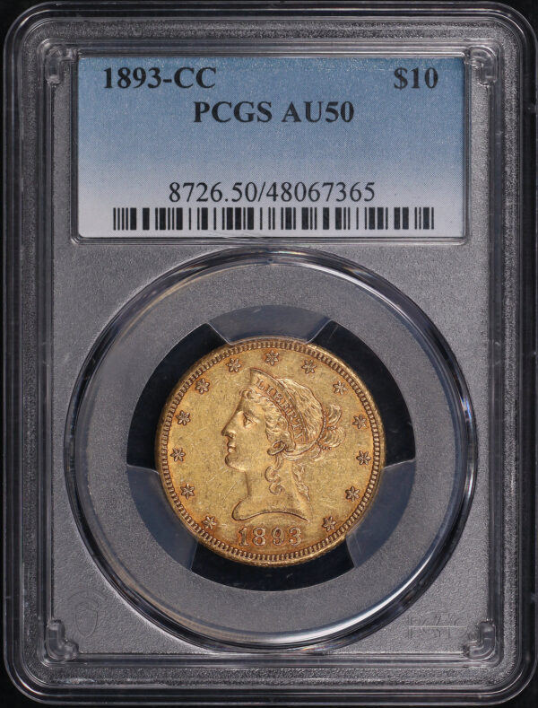 Obverse of this 1893-CC Liberty Head $10 PCGS AU-50