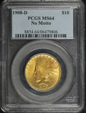 Obverse of this 1908-D Indian $10 No Motto PCGS MS-64