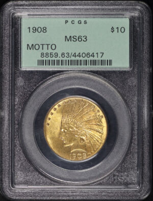 Obverse of this 1908 Indian $10 Motto PCGS MS-63 Old Green Holder