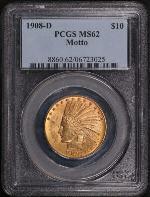 Obverse of this 1908-D Indian $10 Motto PCGS MS-62