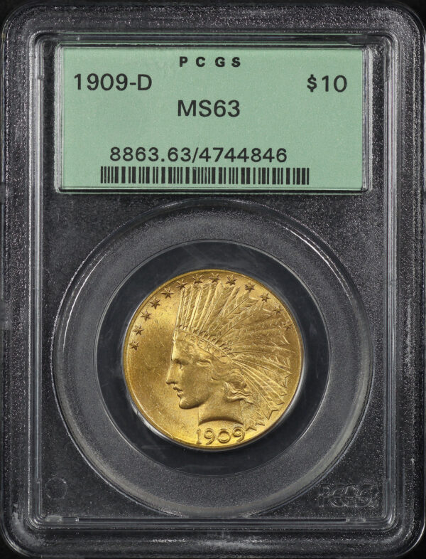 Obverse of this 1909-D Indian $10 Motto PCGS MS-63 Old Green Holder