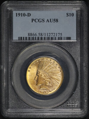 Obverse of this 1910-D Indian $10 Motto PCGS AU-58