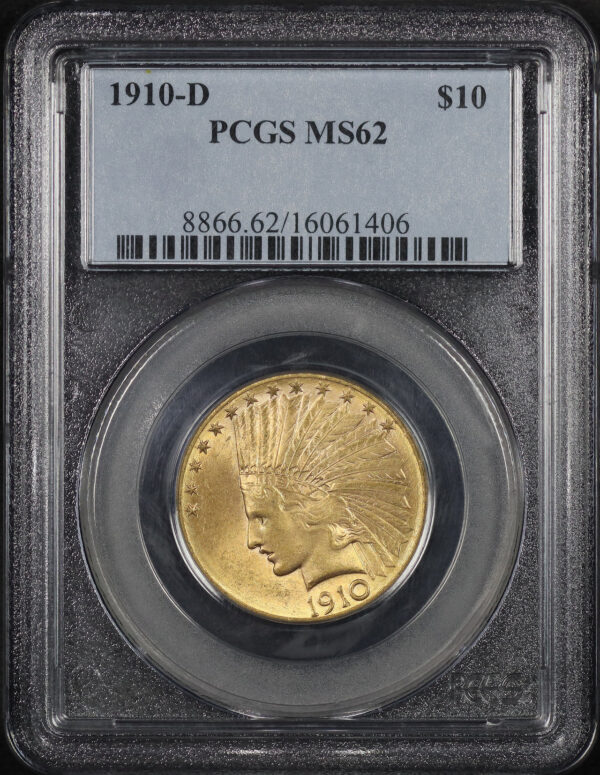 Obverse of this 1910-D Indian $10 Motto PCGS MS-62