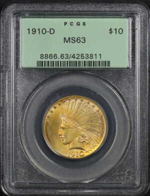 Obverse of this 1910-D Indian $10 Motto PCGS MS-63 Old Green Holder