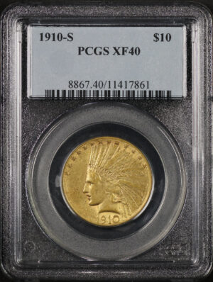 Obverse of this 1910-S Indian $10 Motto PCGS XF-40