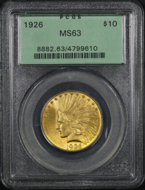 Obverse of this 1926 Indian $10 Motto PCGS MS-63 Old Green Holder