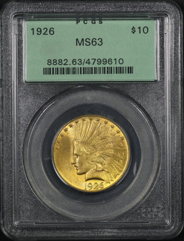 Obverse of this 1926 Indian $10 Motto PCGS MS-63 Old Green Holder
