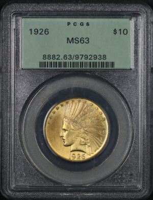 Obverse of this 1926 Indian $10 Motto PCGS MS-63 Old Green Holder 