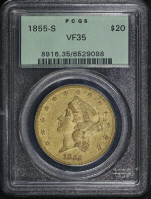 Obverse of this 1855-S Liberty Head $20 Type 1 PCGS VF-35 Old Green Holder