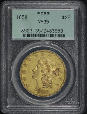 Obverse of this 1858 Liberty Head $20 Type 1 PCGS VF-35 Old Green Holder