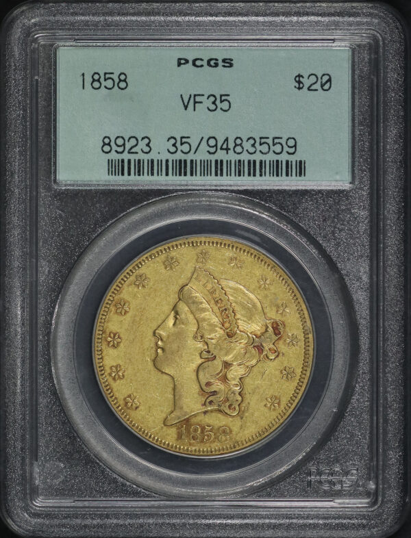 Obverse of this 1858 Liberty Head $20 Type 1 PCGS VF-35 Old Green Holder