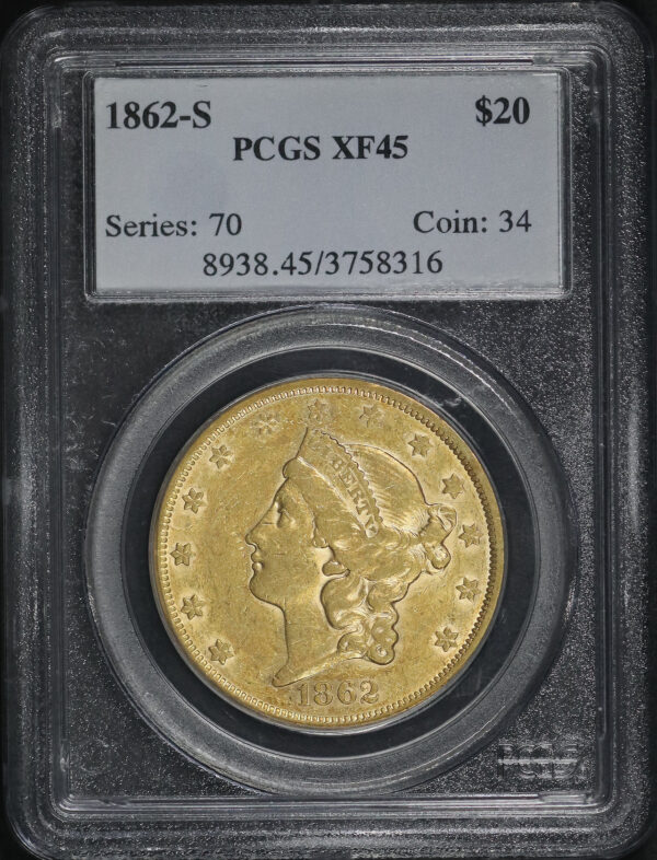 Obverse of this 1862-S Liberty Head $20 Type 1 PCGS XF-45