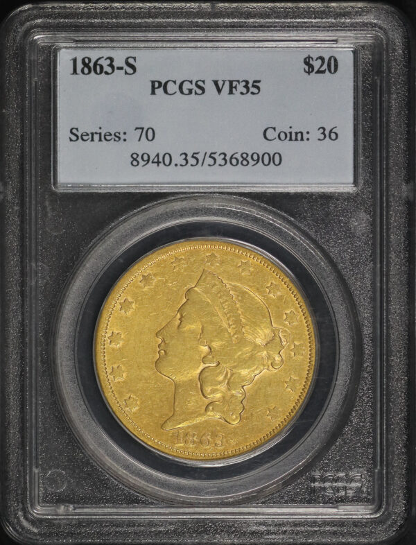 Obverse of this 1863-S Liberty Head $20 Type 1 PCGS VF-35