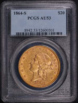Obverse of this 1864-S Liberty Head $20 Type 1 PCGS AU-53