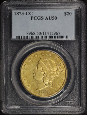 Obverse of this 1873-CC Liberty Head $20 PCGS AU-50