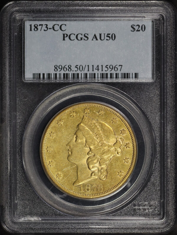 Obverse of this 1873-CC Liberty Head $20 PCGS AU-50