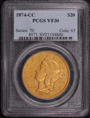 Obverse of this 1874-CC Liberty Head $20 PCGS VF-30