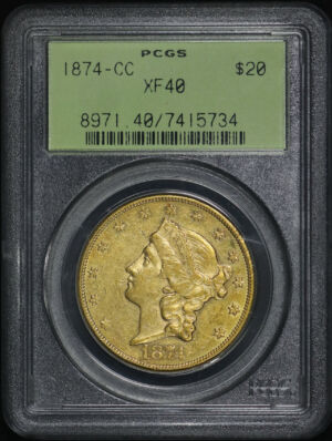 Obverse of this 1874-CC Liberty Head $20 PCGS XF-40