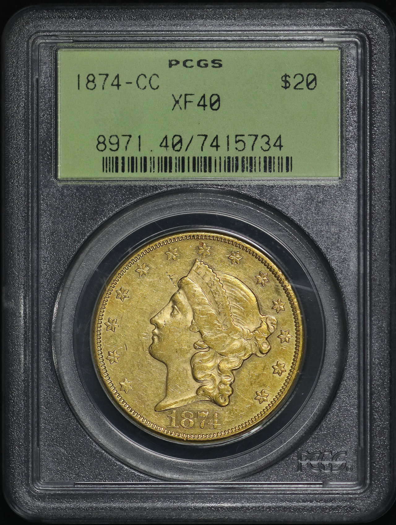 Obverse of this 1874-CC Liberty Head $20 PCGS XF-40