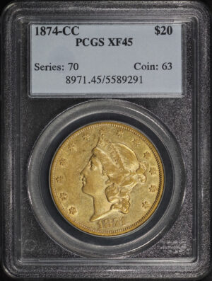 Obverse of this 1874-CC Liberty Head $20 PCGS XF-45
