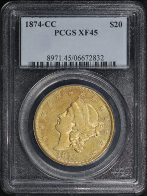 Obverse of this 1874-CC Liberty Head $20 PCGS XF-45